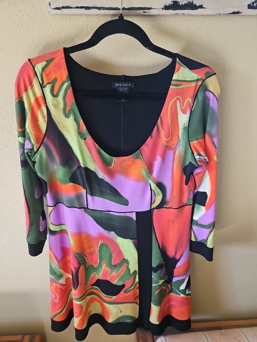 Eva Varro Abstract Print Tunic L Black Orange Green Art to Wear Artsy